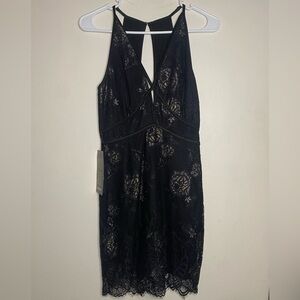 bebe Black & Gold Floral Lace Backless Dress